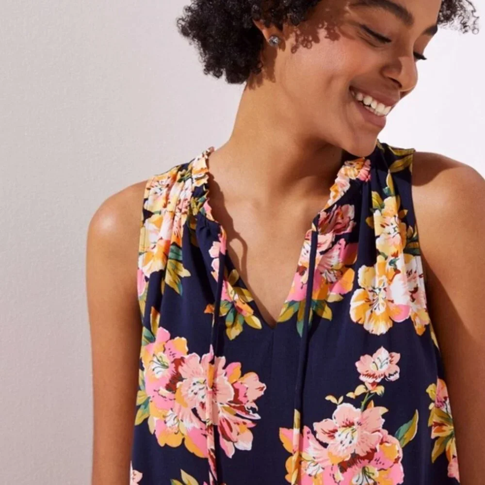 LOFT | Ruffle Floral Split Neck Sleeveless Mini Dress in Navy Blue Multi | Small - Picture 2 of 11